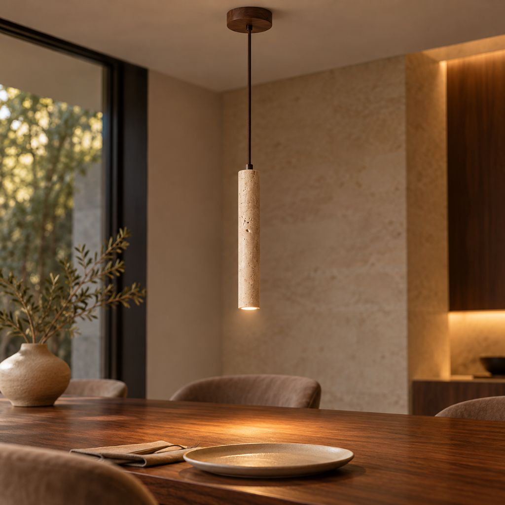 Slim Travertine LED Pendant Light with Wood Canopy