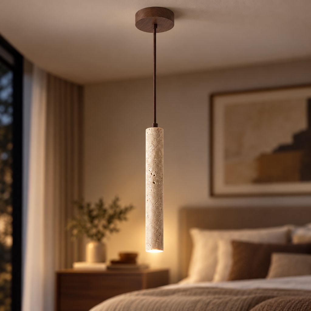Slim Travertine LED Pendant Light with Wood Canopy