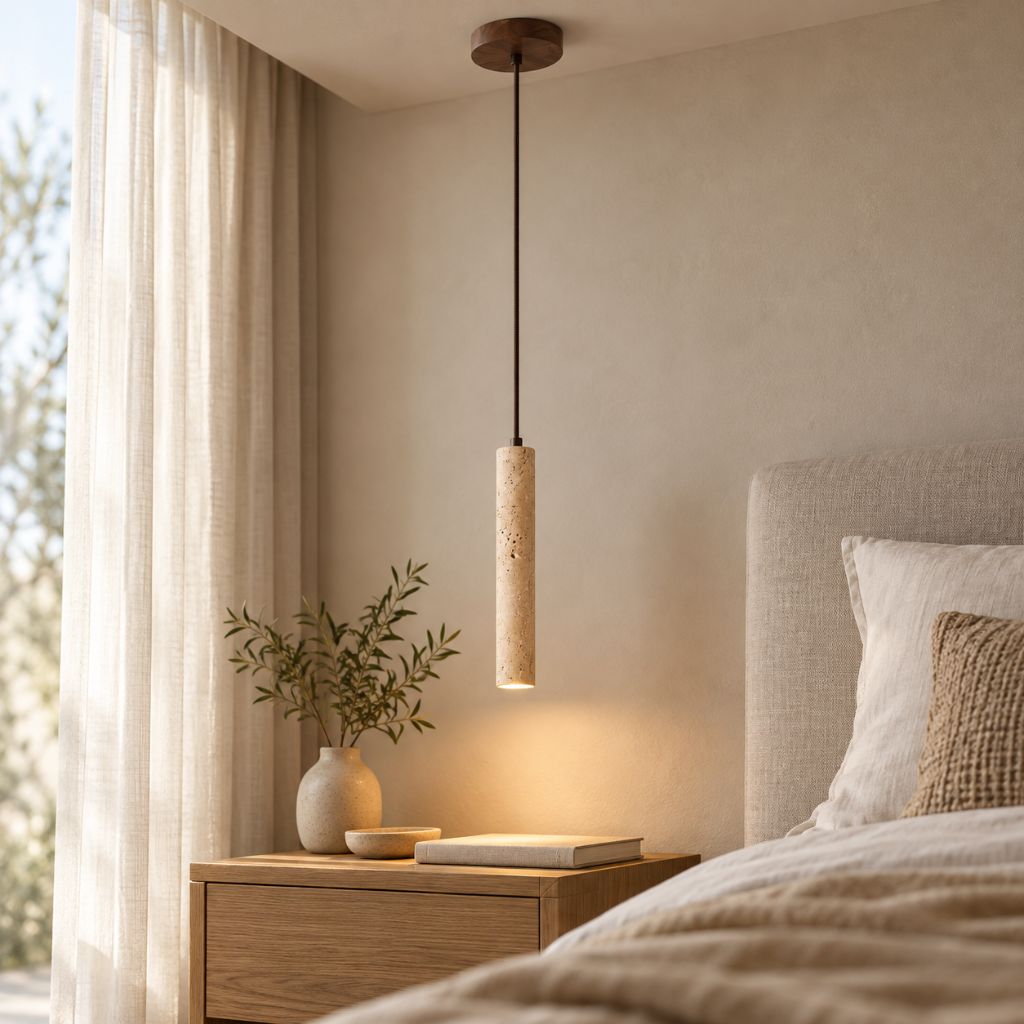 Slim Travertine LED Pendant Light with Wood Canopy