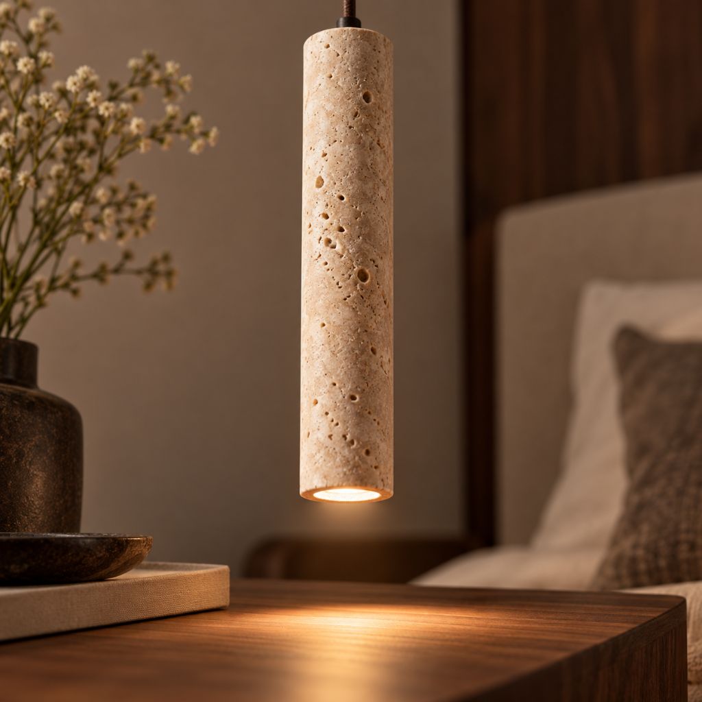 Slim Travertine LED Pendant Light with Wood Canopy