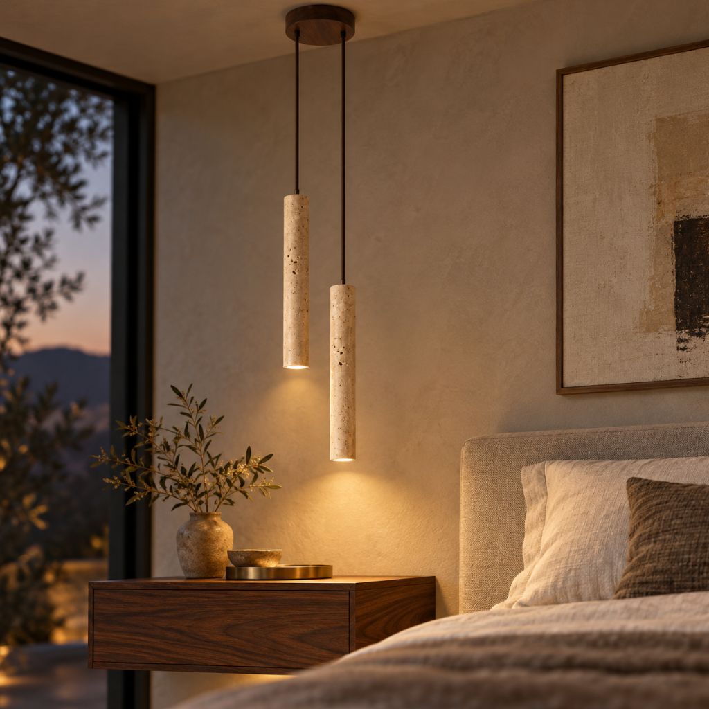 Slim Travertine LED Pendant Light with Wood Canopy