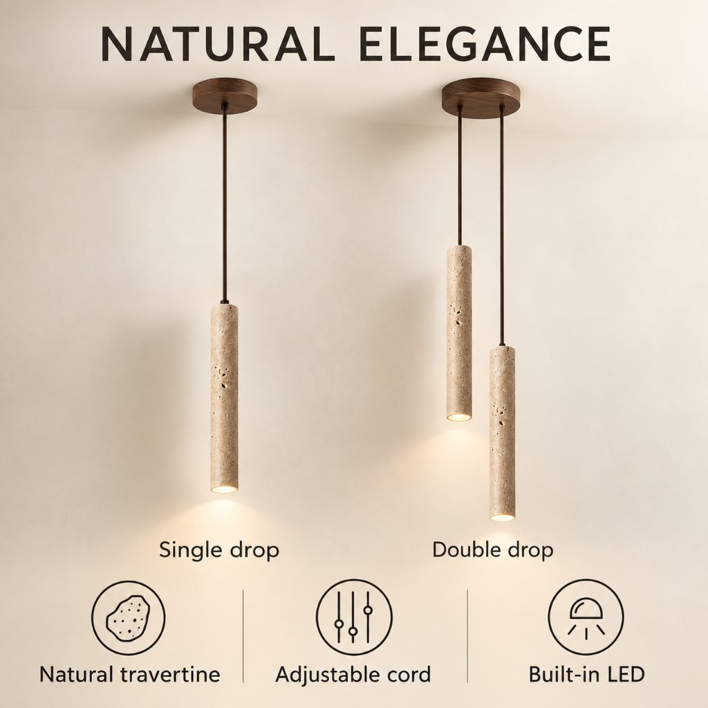 Slim Travertine LED Pendant Light with Wood Canopy