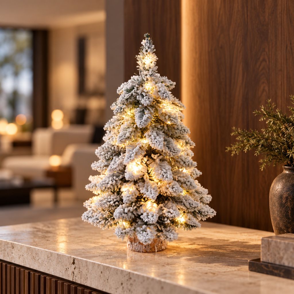 Snow-Flocked Tabletop Christmas Tree with Wooden Base