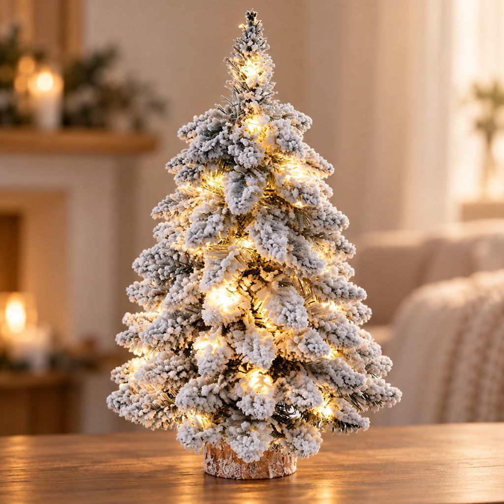 Snow-Flocked Tabletop Christmas Tree with Wooden Base