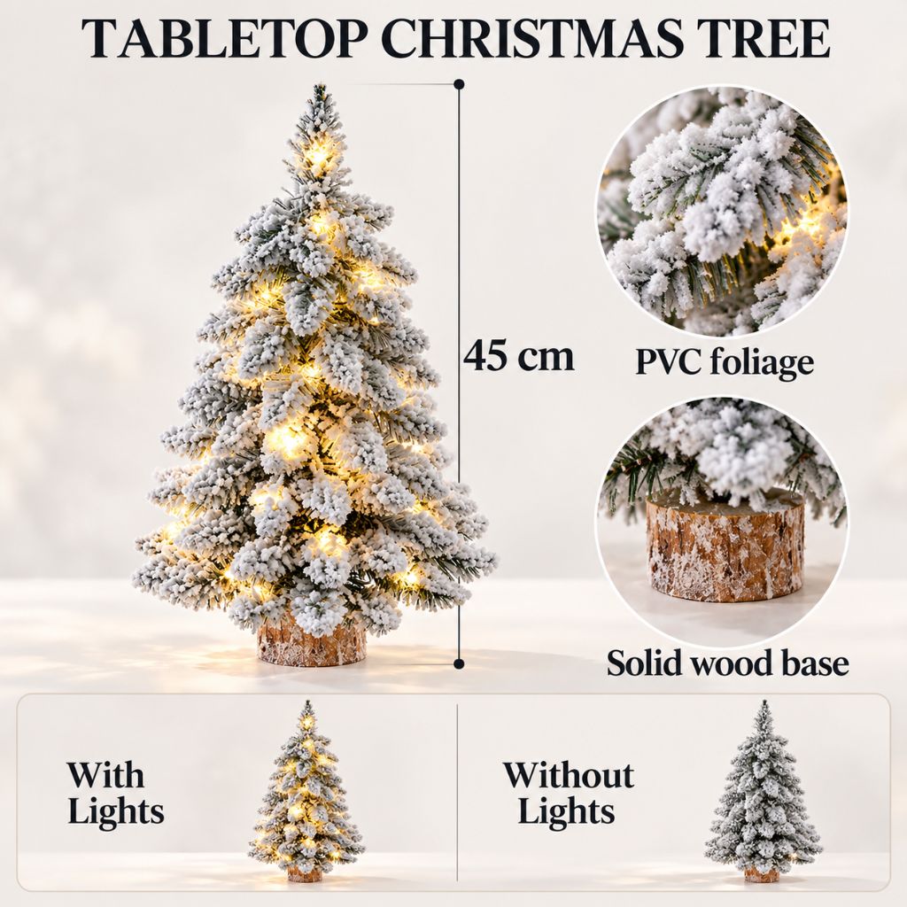 Snow-Flocked Tabletop Christmas Tree with Wooden Base