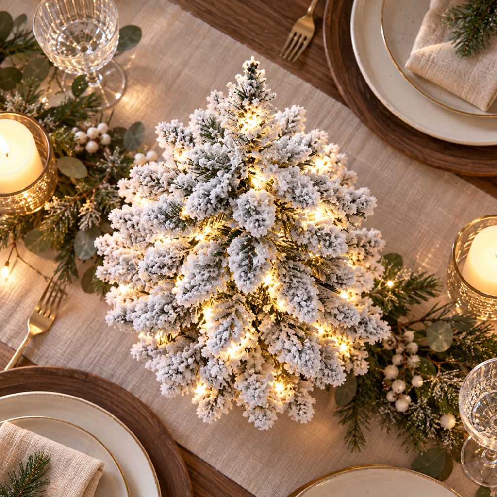 Snow-Flocked Tabletop Christmas Tree with Wooden Base