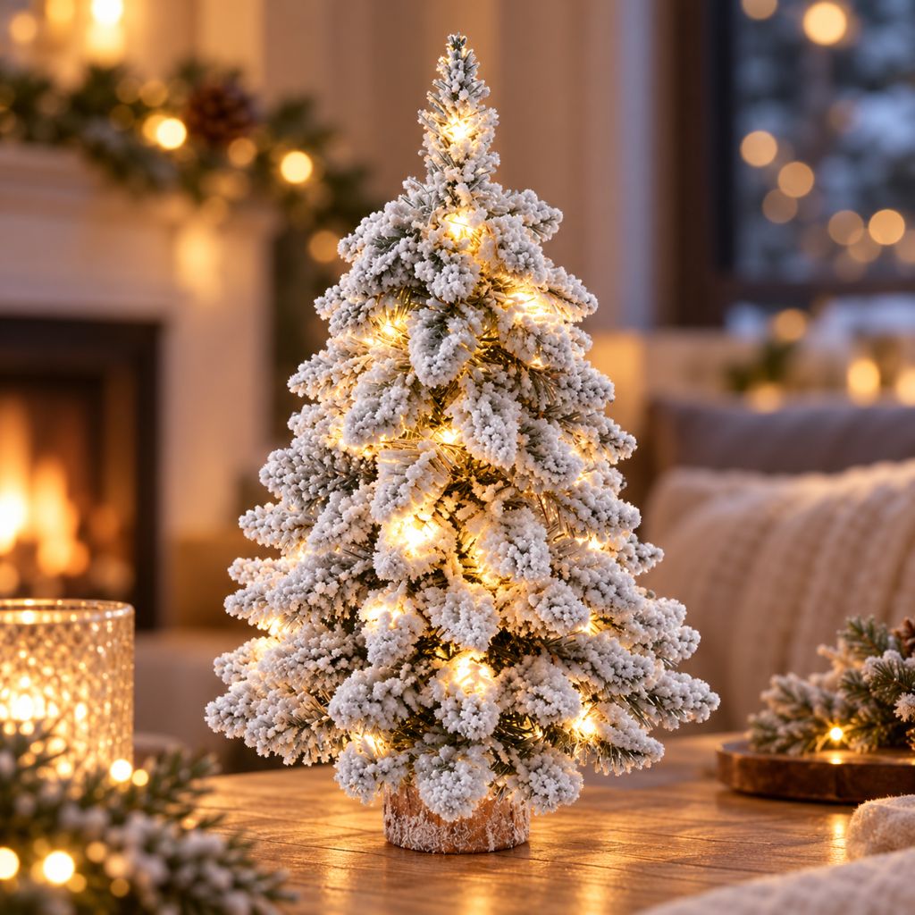 Snow-Flocked Tabletop Christmas Tree with Wooden Base