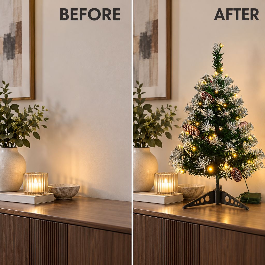 Snow-Tipped Tabletop Christmas Tree with Pinecones
