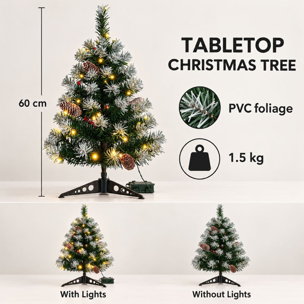 Snow-Tipped Tabletop Christmas Tree with Pinecones
