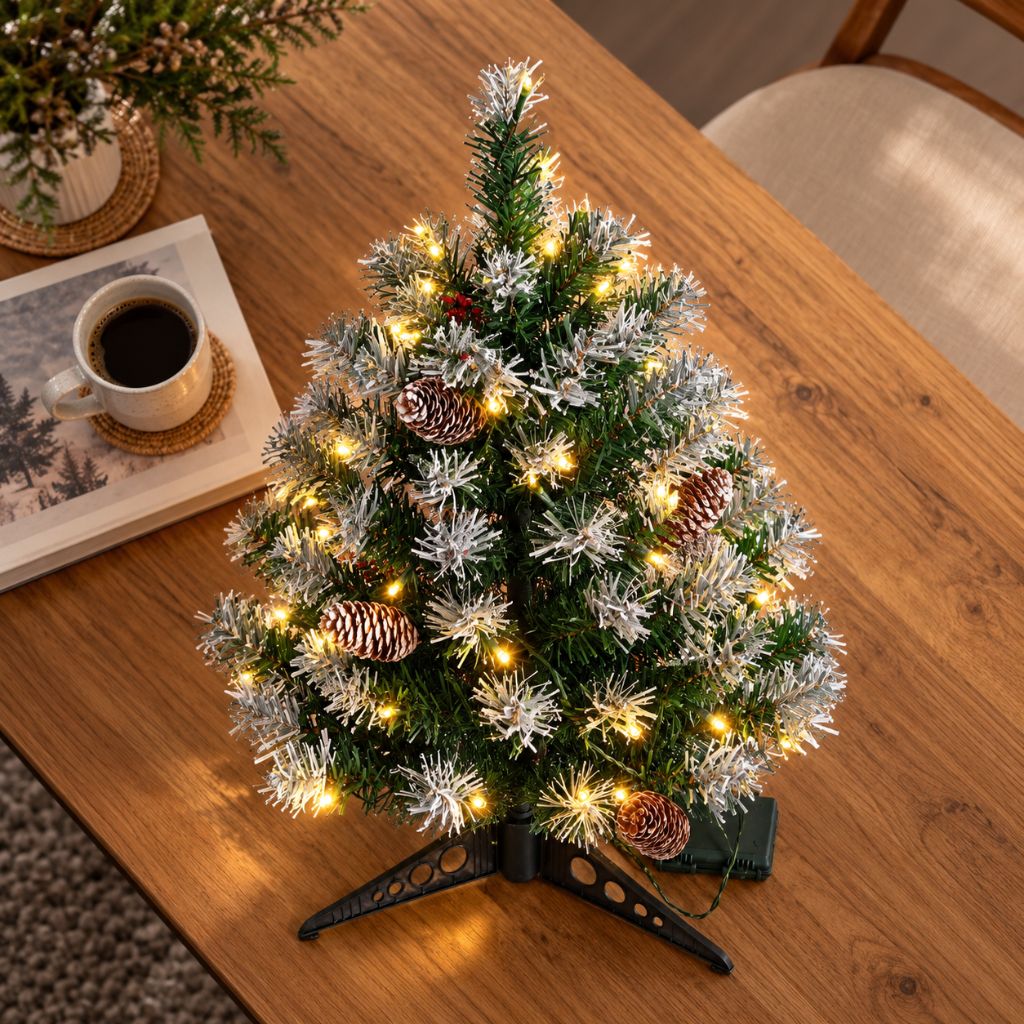 Snow-Tipped Tabletop Christmas Tree with Pinecones
