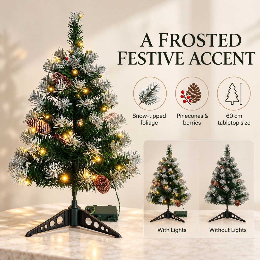 Snow-Tipped Tabletop Christmas Tree with Pinecones