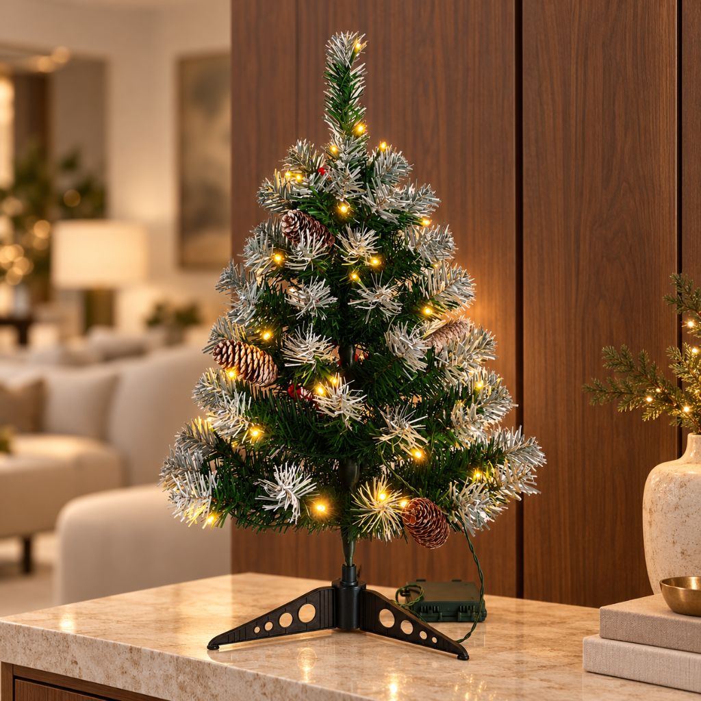 Snow-Tipped Tabletop Christmas Tree with Pinecones
