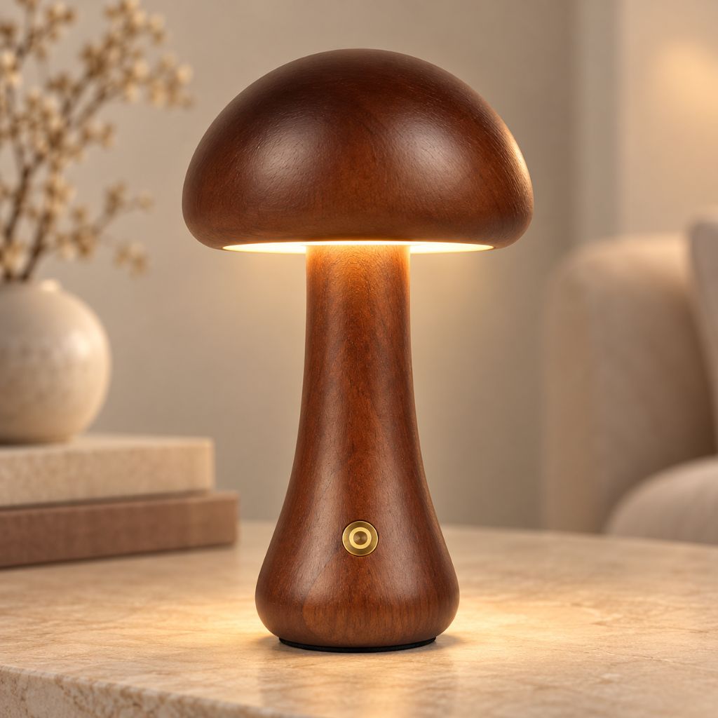Solid Wood Mushroom LED Night Light with Touch Dimming