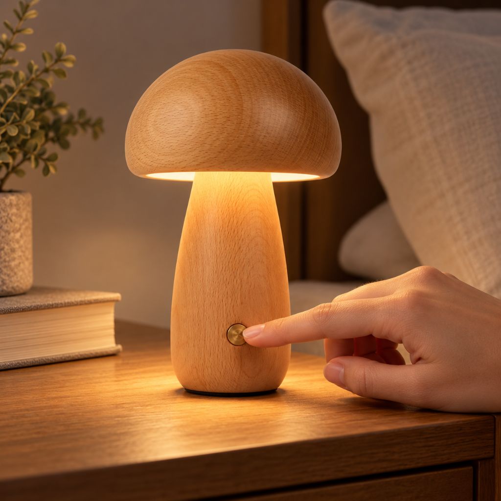 Solid Wood Mushroom LED Night Light with Touch Dimming