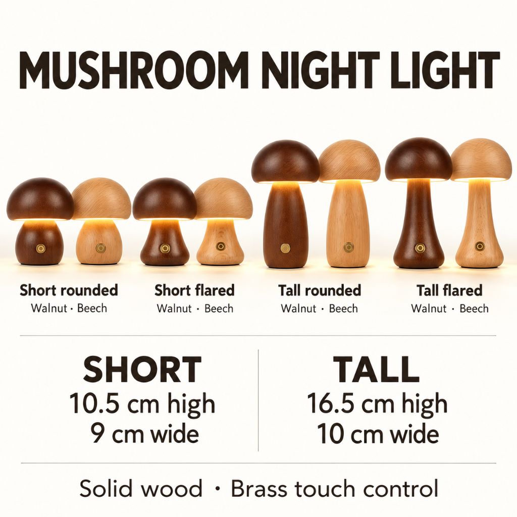 Solid Wood Mushroom LED Night Light with Touch Dimming