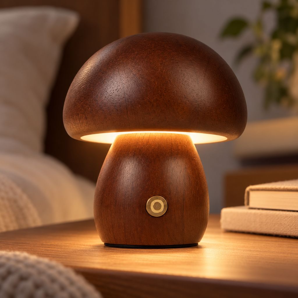 Solid Wood Mushroom LED Night Light with Touch Dimming