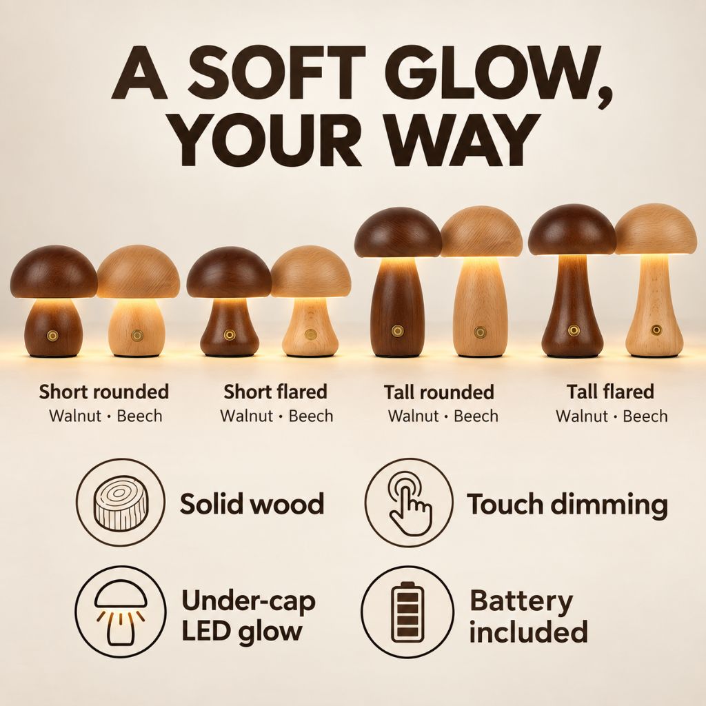 Solid Wood Mushroom LED Night Light with Touch Dimming