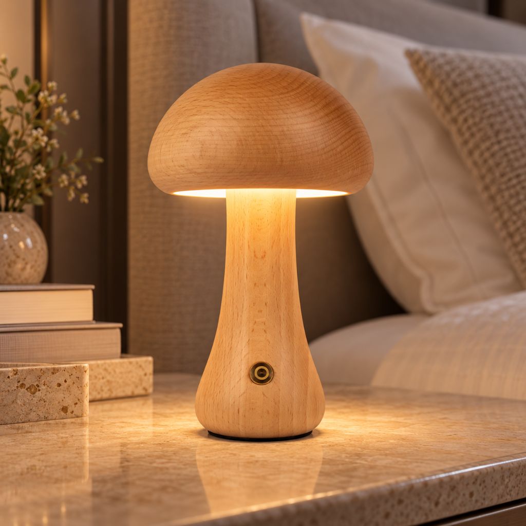 Solid Wood Mushroom LED Night Light with Touch Dimming
