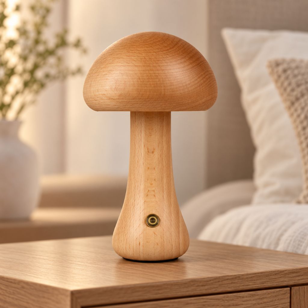 Solid Wood Mushroom LED Night Light with Touch Dimming