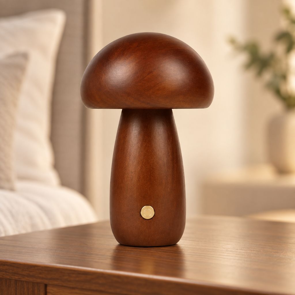 Solid Wood Mushroom LED Night Light with Touch Dimming
