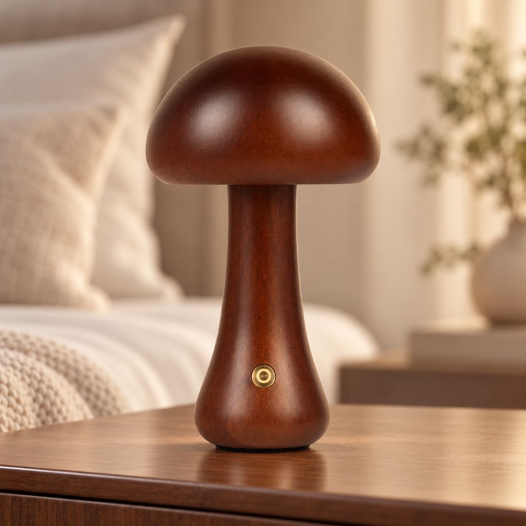 Solid Wood Mushroom LED Night Light with Touch Dimming