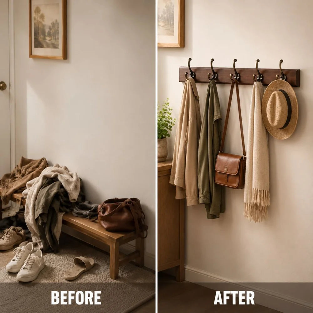 Solid wood wall coats and hats rack with hooks hallway storage - view 3