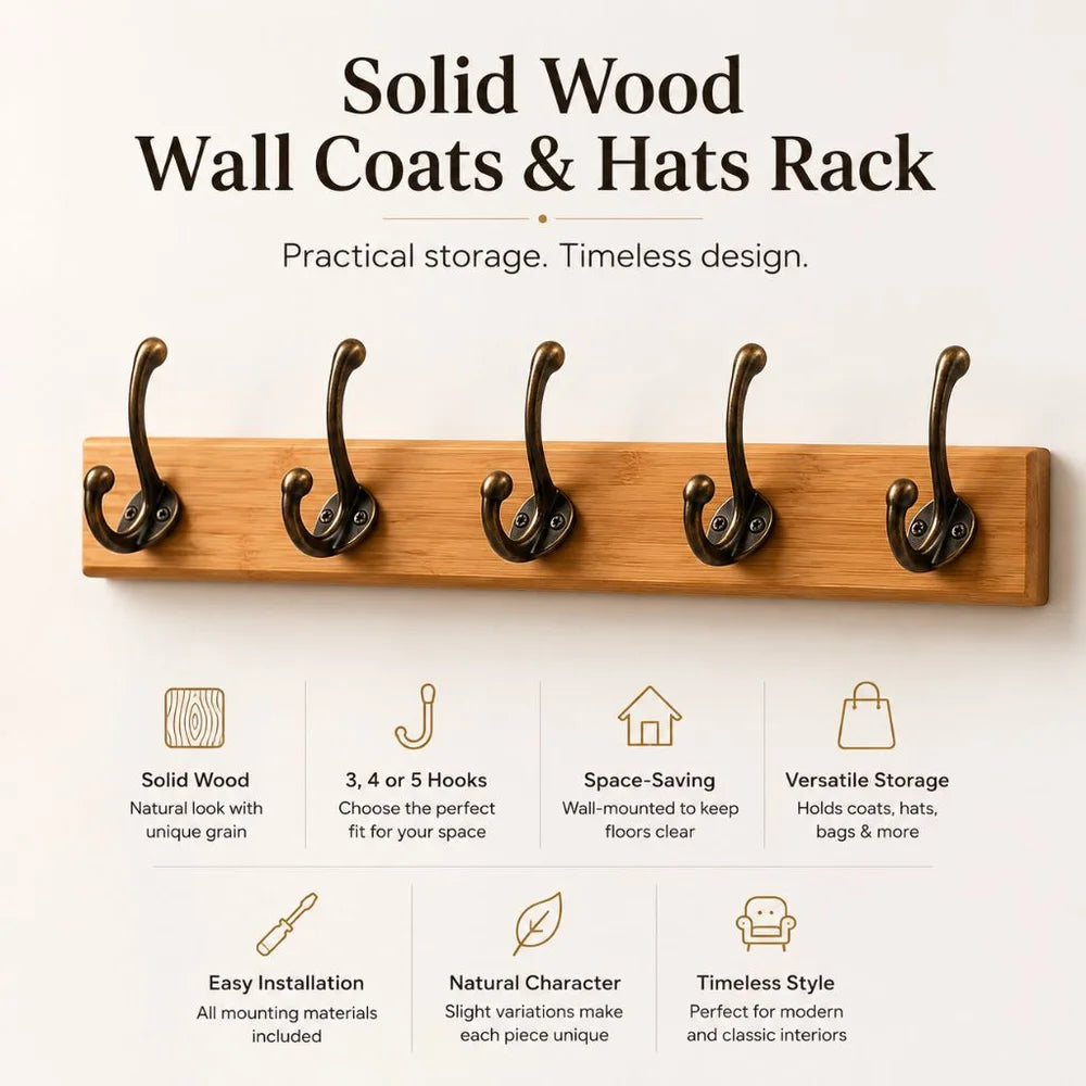 Solid wood wall coats and hats rack with hooks hallway storage - view 4