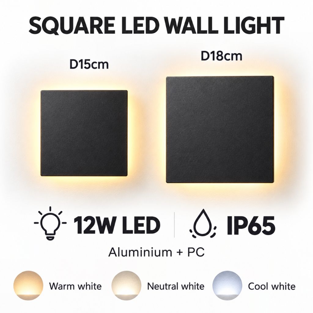 Square Backlit Aluminium Outdoor LED Wall Light IP65 12W