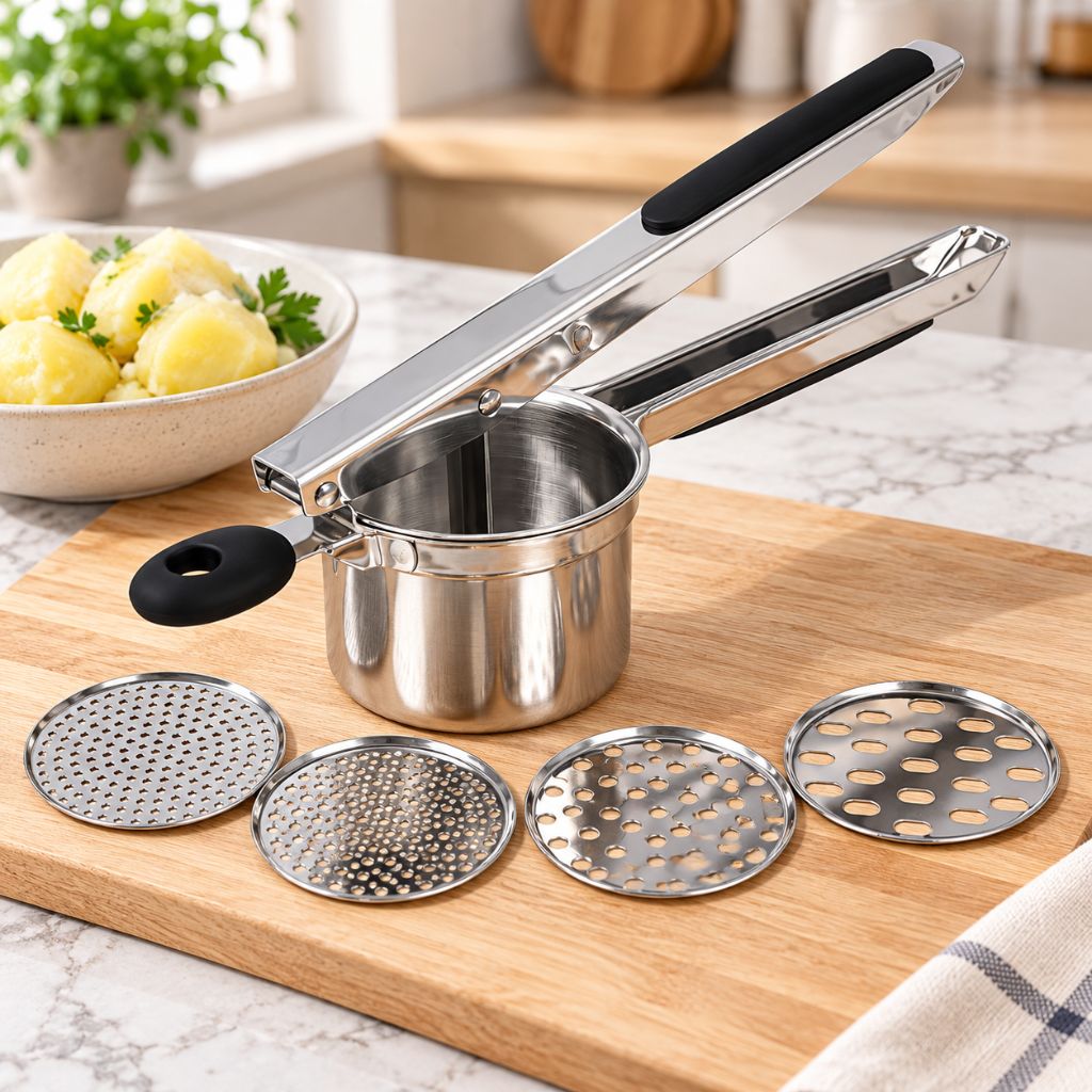 Stainless Steel Potato Ricer with 4 Interchangeable Discs