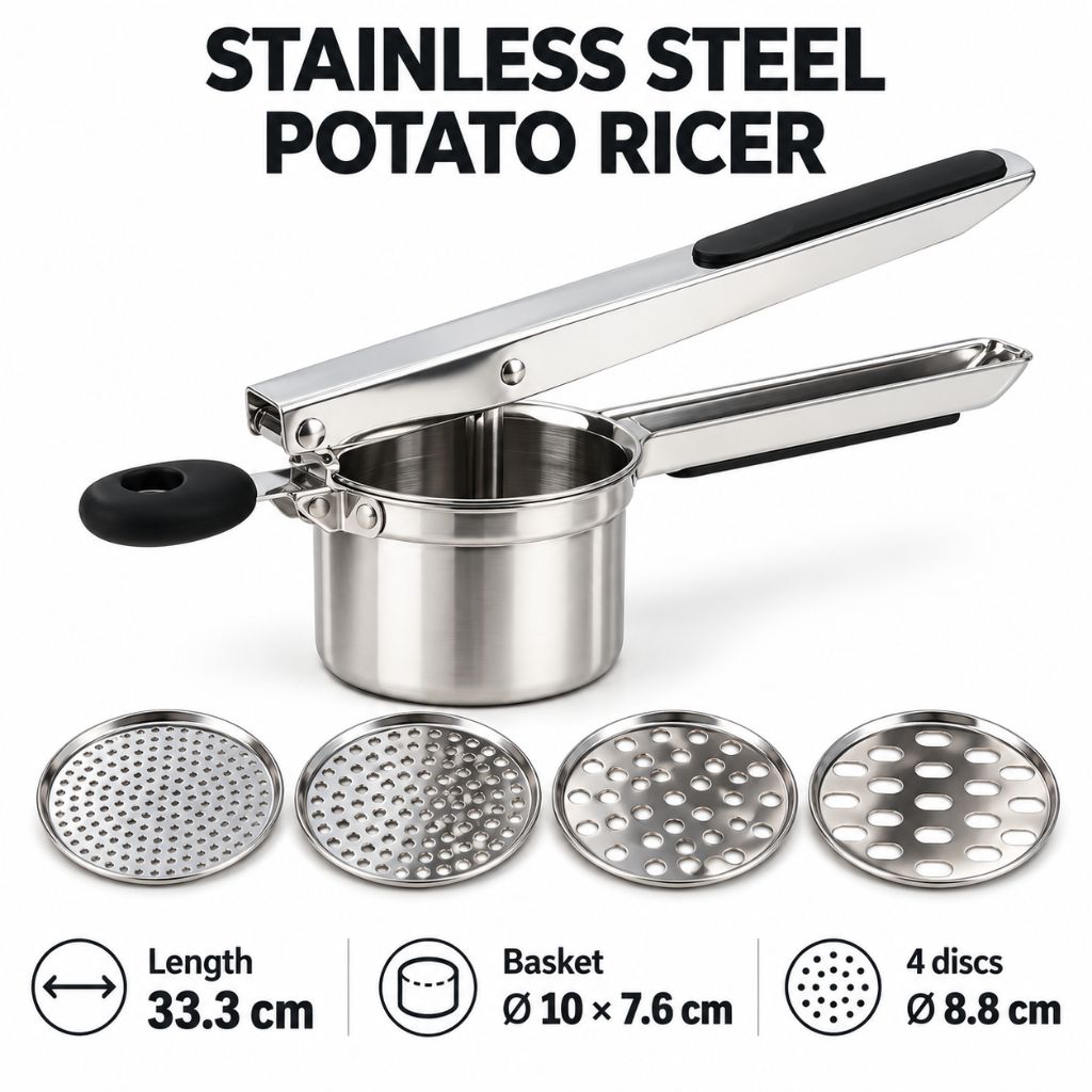 Stainless Steel Potato Ricer with 4 Interchangeable Discs