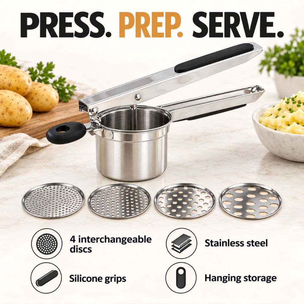 Stainless Steel Potato Ricer with 4 Interchangeable Discs