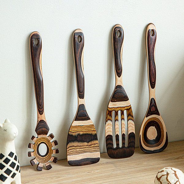 Striped Natural Wood Cooking Utensil Set by Lattea