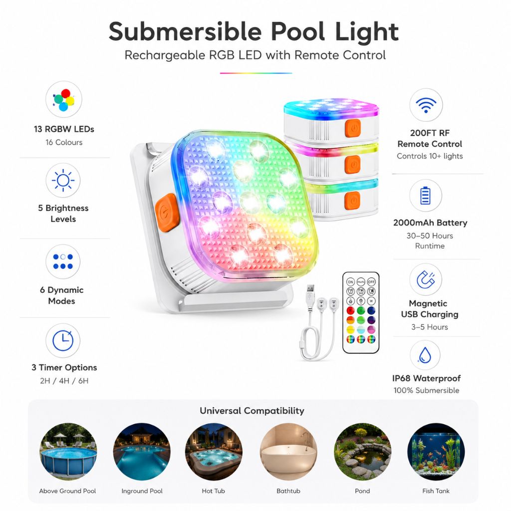 Submersible Pool Light Rechargeable RGB LED with Remote Control