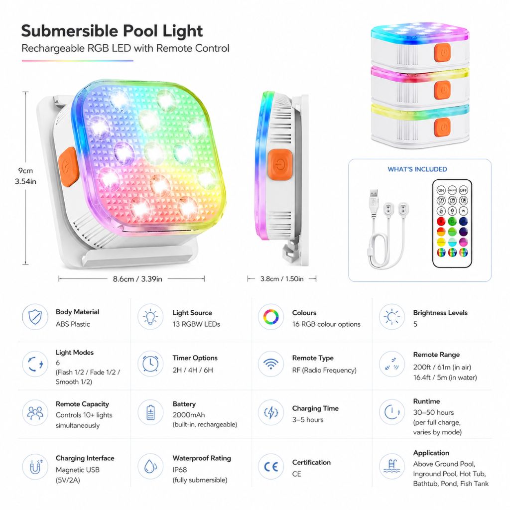 Submersible Pool Light Rechargeable RGB LED with Remote Control