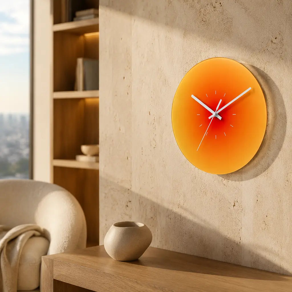 SunAura Sunset-Inspired Glass Wall Clock in a discreet luxury interior