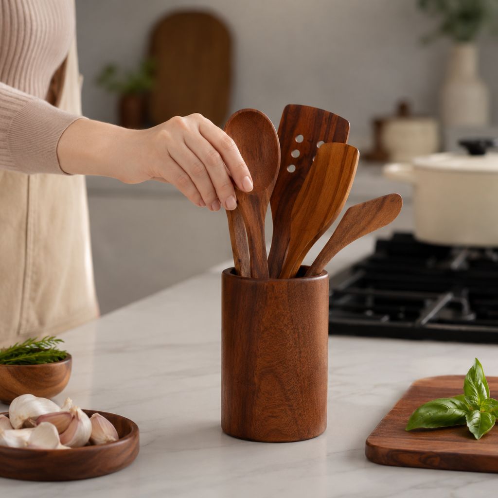 Teak Wood Kitchen Utensil Holder