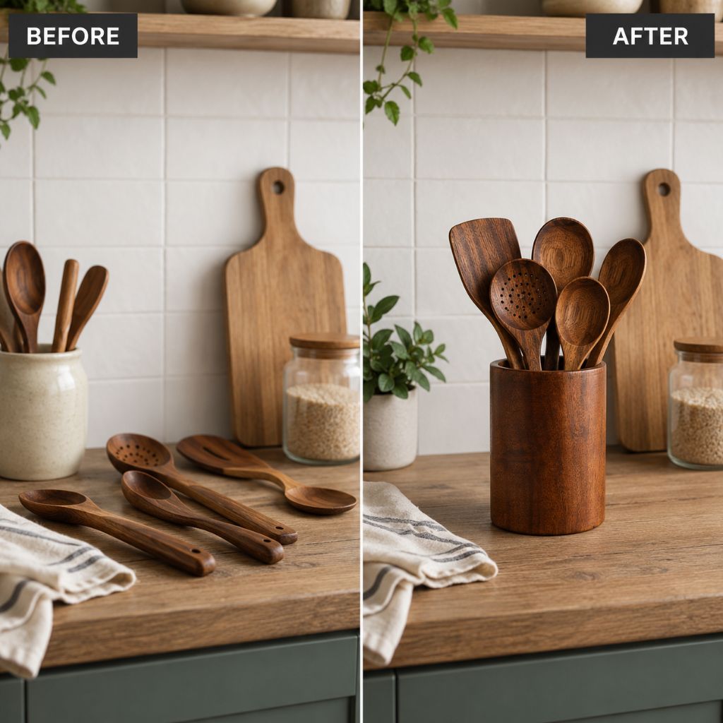 Teak Wood Kitchen Utensil Holder
