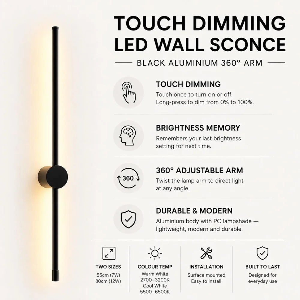 Touch dimming led wall sconce black aluminium 360 arm - view 3