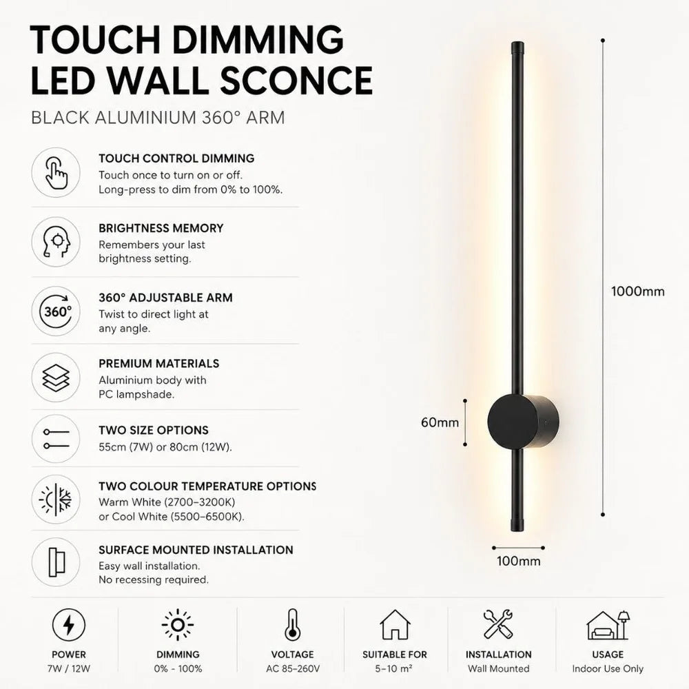 Touch dimming led wall sconce black aluminium 360 arm - view 12