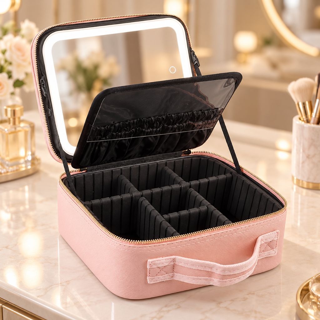 Travel Makeup Case with LED Mirror and Adjustable Dividers