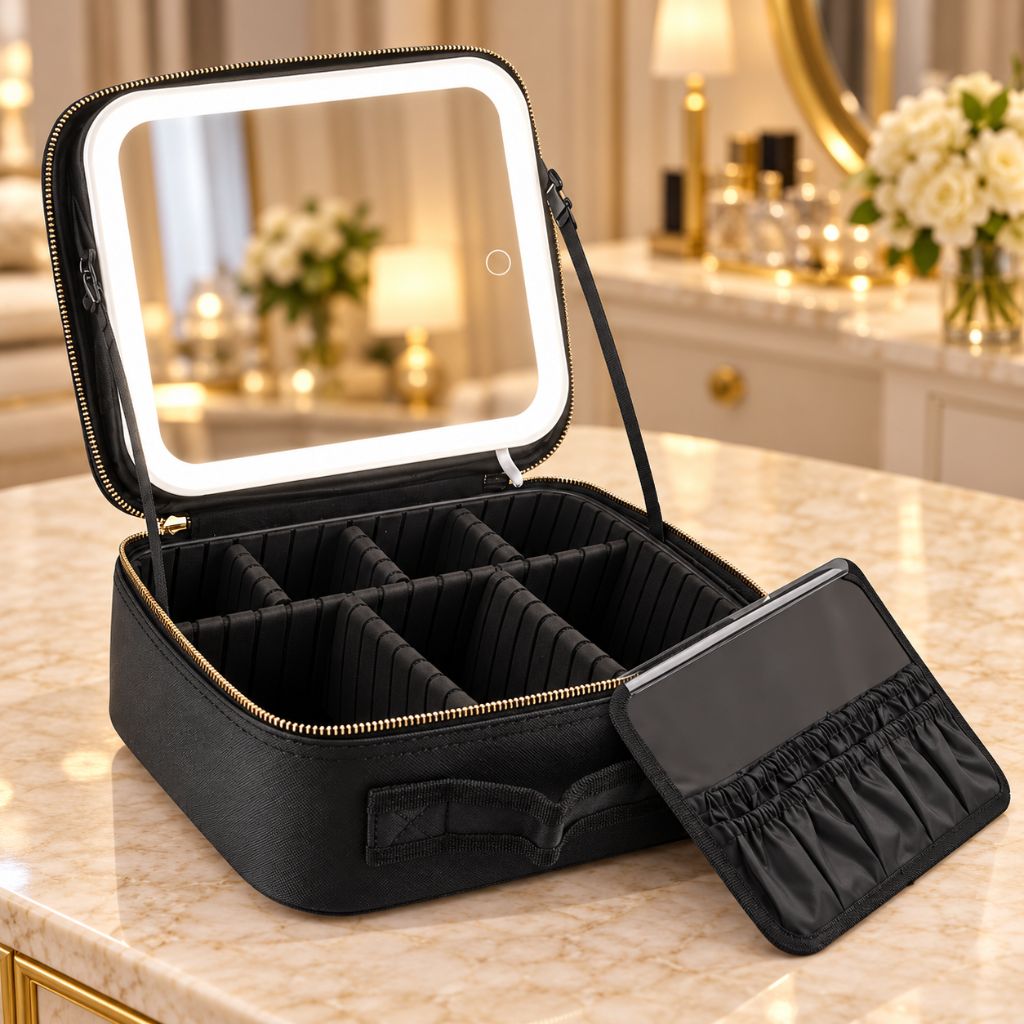 Travel Makeup Case with LED Mirror and Adjustable Dividers