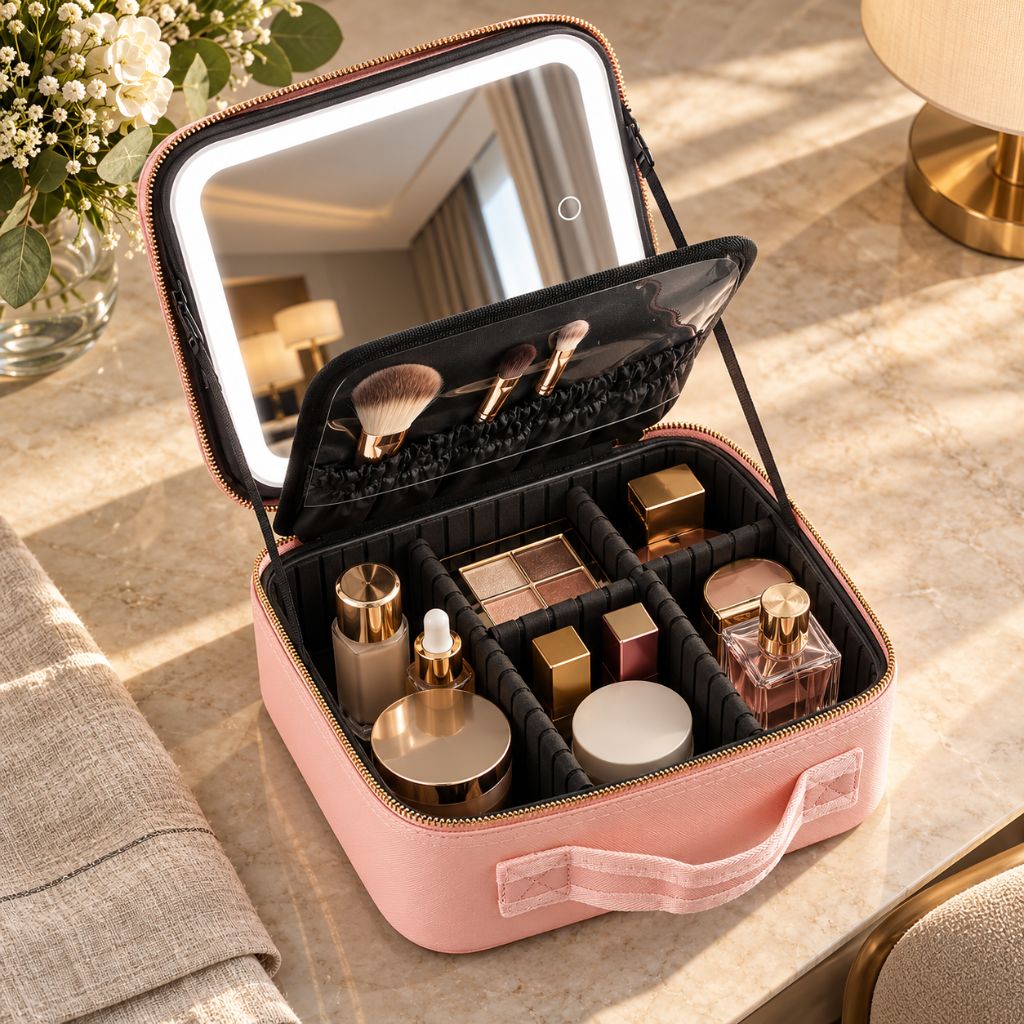 Travel Makeup Case with LED Mirror and Adjustable Dividers