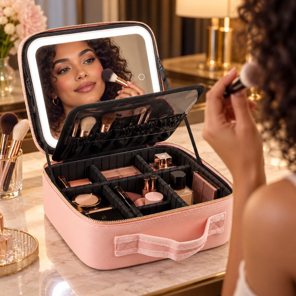 Travel Makeup Case with LED Mirror and Adjustable Dividers