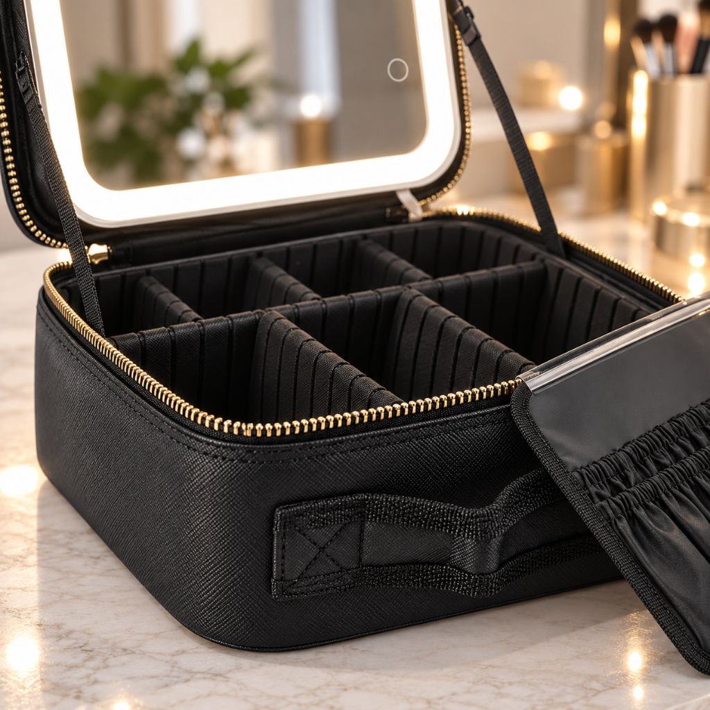 Travel Makeup Case with LED Mirror and Adjustable Dividers