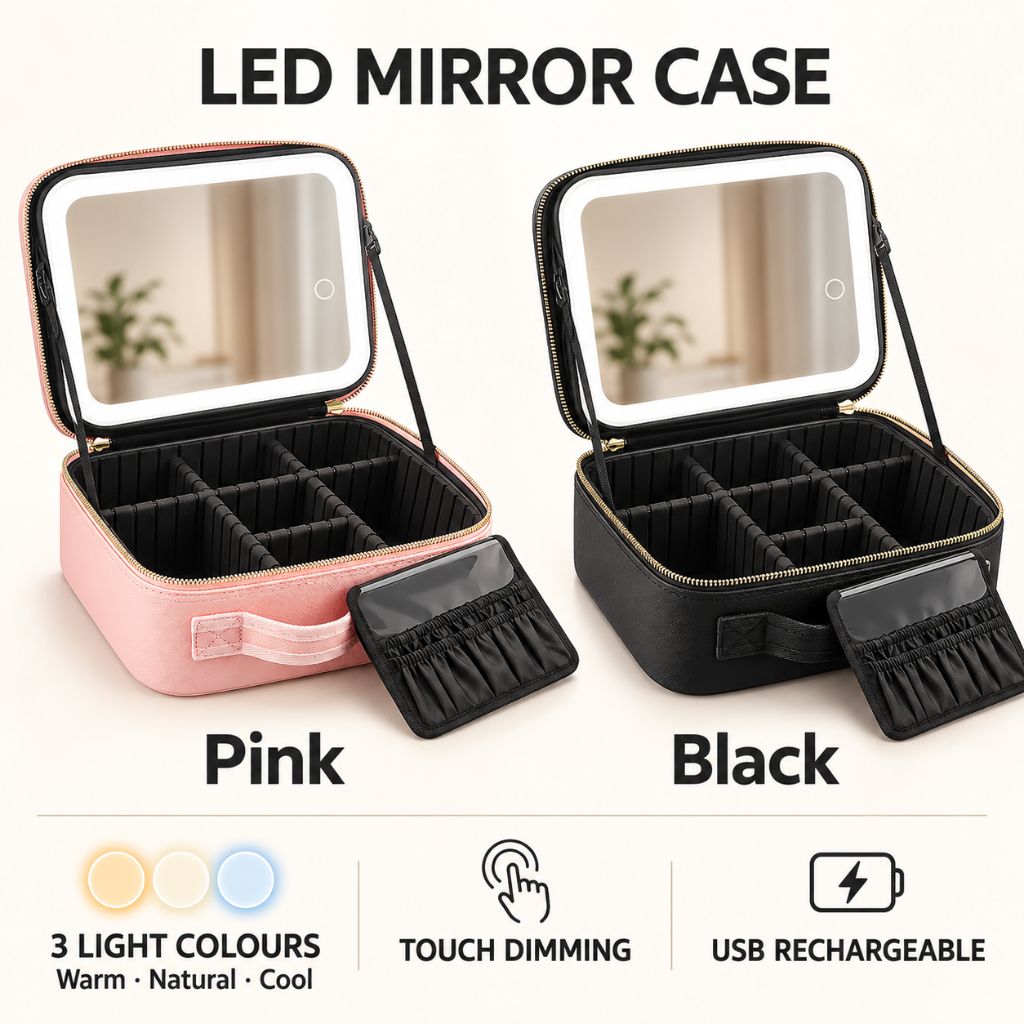 Travel Makeup Case with LED Mirror and Adjustable Dividers