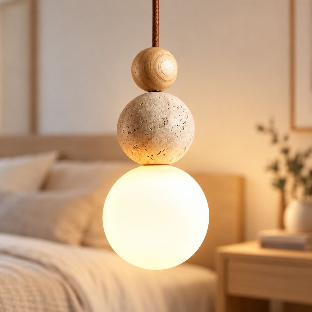 Travertine and Wood Globe Pendant Light with E27 LED Bulb