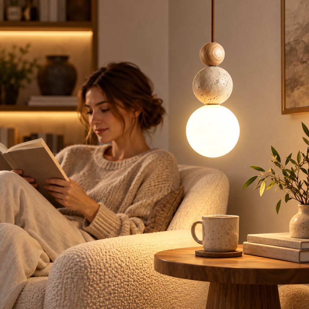 Travertine and Wood Globe Pendant Light with E27 LED Bulb
