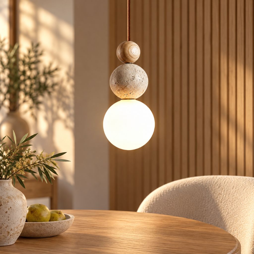 Travertine and Wood Globe Pendant Light with E27 LED Bulb