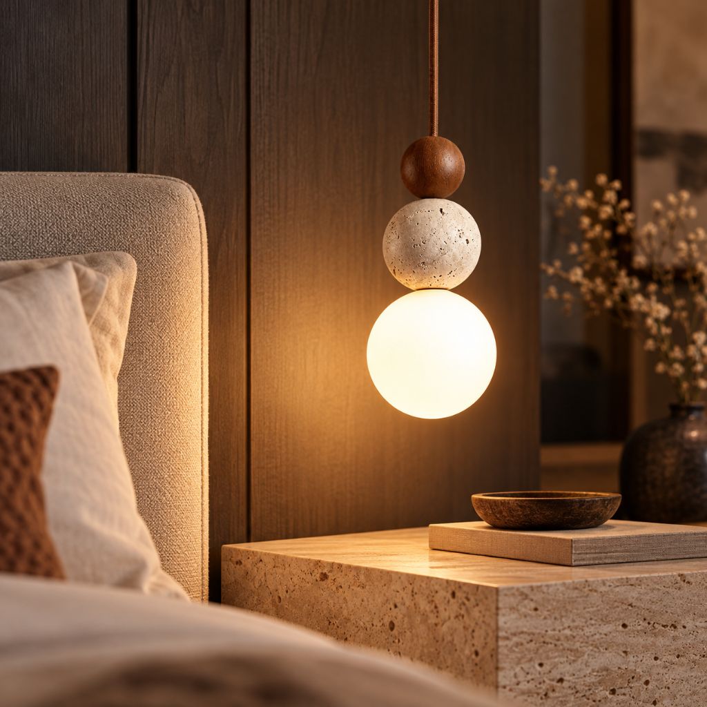 Travertine and Wood Globe Pendant Light with E27 LED Bulb