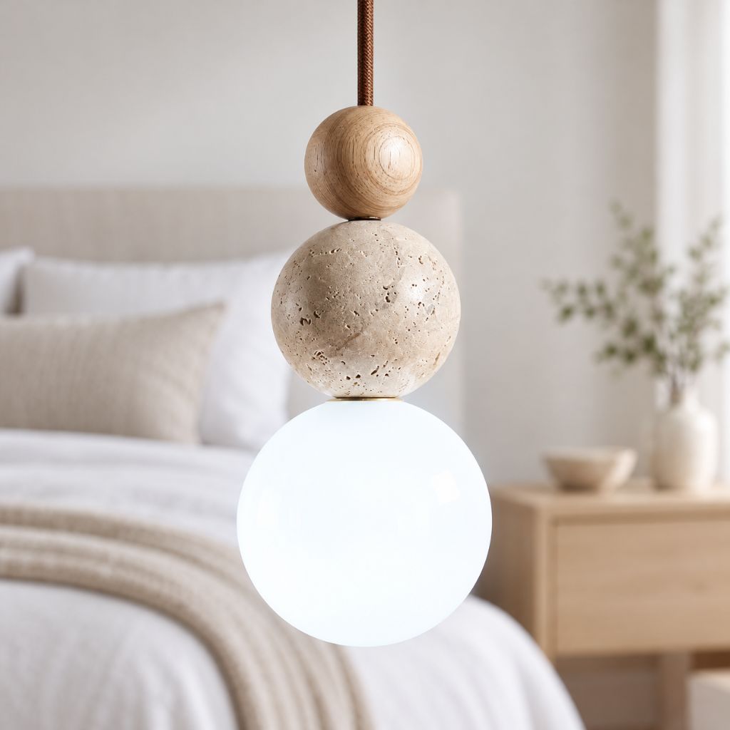 Travertine and Wood Globe Pendant Light with E27 LED Bulb